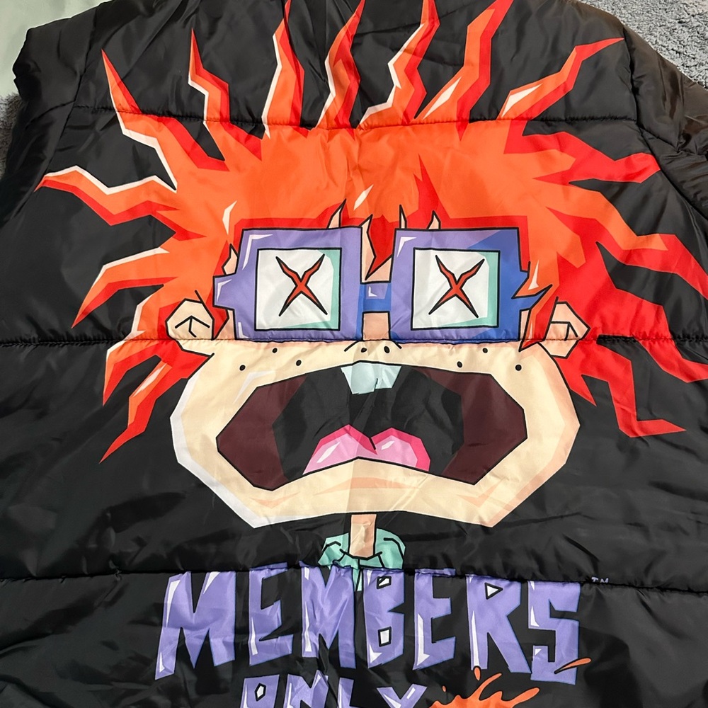 Kids Black Puffer Jacket with Red Cartoon Graphic